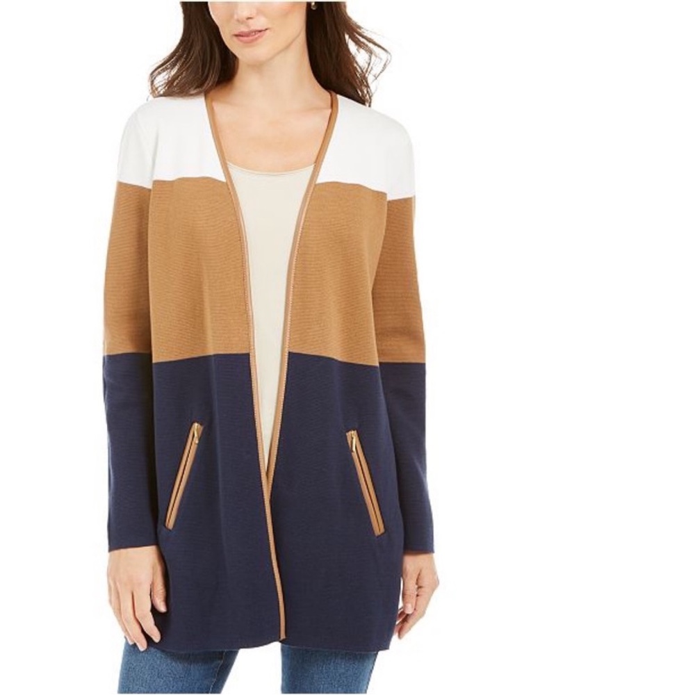 Charter club color block long cardigan w/ leather trim and two zipper pockets.